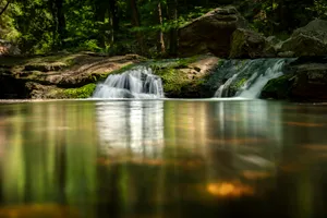 Summer Lake in Serene Forest Setting with Waterfall