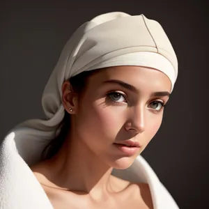 Beauty in a Bathing Cap - Captivating Portrait"
(Note: The text provided is a short name for the image, incorporating the given tags. It describes an attractive person wearing a bathing cap, with a focus on their face and shoulder.)