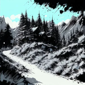 Snowy Mountain Landscape with Ski Slope and Fir Trees