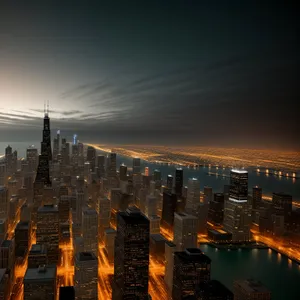 City Nights: Majestic Skyscrapers Illuminated by the River