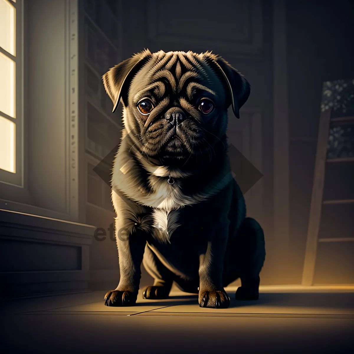 Picture of Adorable Wrinkled Pug Dog Sitting in Studio