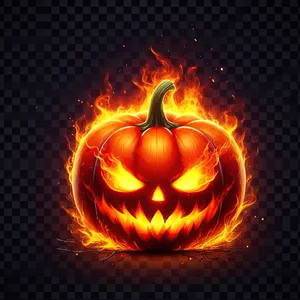 Bright orange pumpkin with carved sinister face, lit from inside by fire, creates burning jack-o'-lantern effect on transparent background, png format. AI, Generation, Illustration