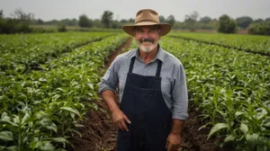 Happy farmer enjoying outdoors in a sunny meadow