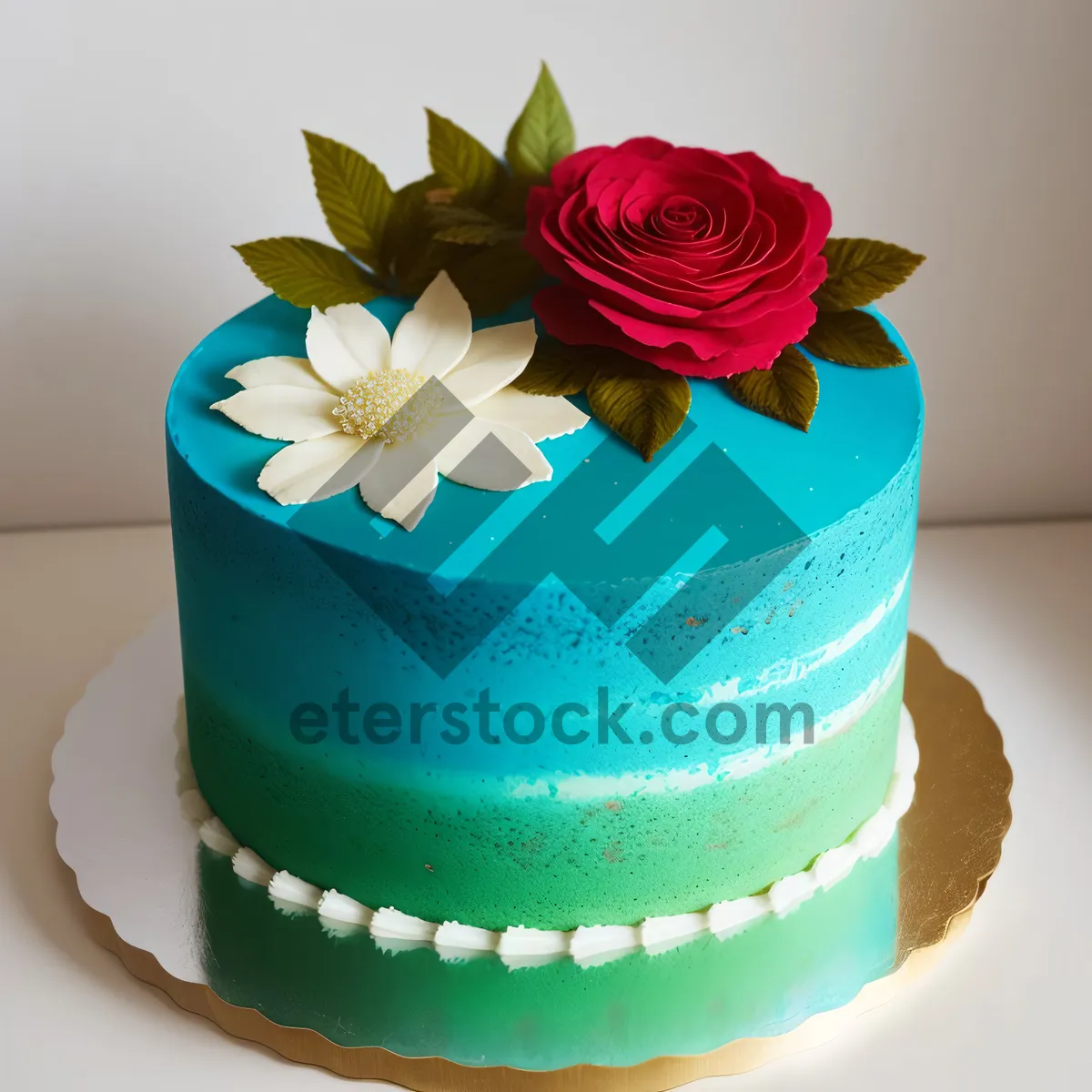 Picture of Delicious Cream Cake with Chocolate Flowers and Icing