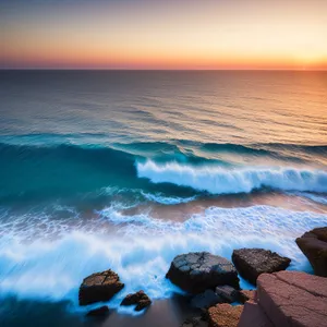 Tranquil Coastal Sunset: Waves crashing against sandy shore