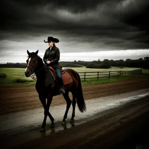 Thoroughbred Cowboy Riding Brown Stallion with Saddle