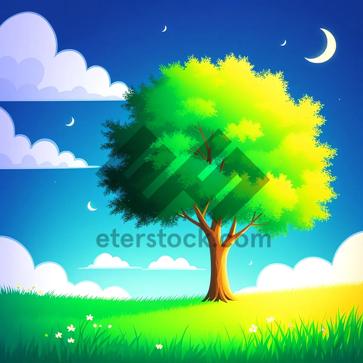 Picture of Sunny Meadow Landscape with Dandelion and Oak Tree
