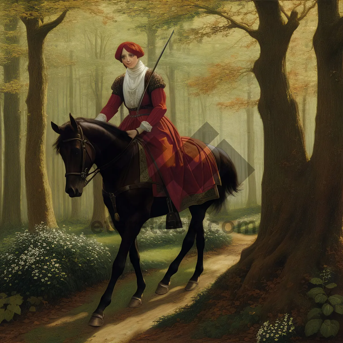 Picture of Equestrian rider with cello on horseback outdoors.