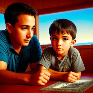 Happy father and son studying together on laptop.