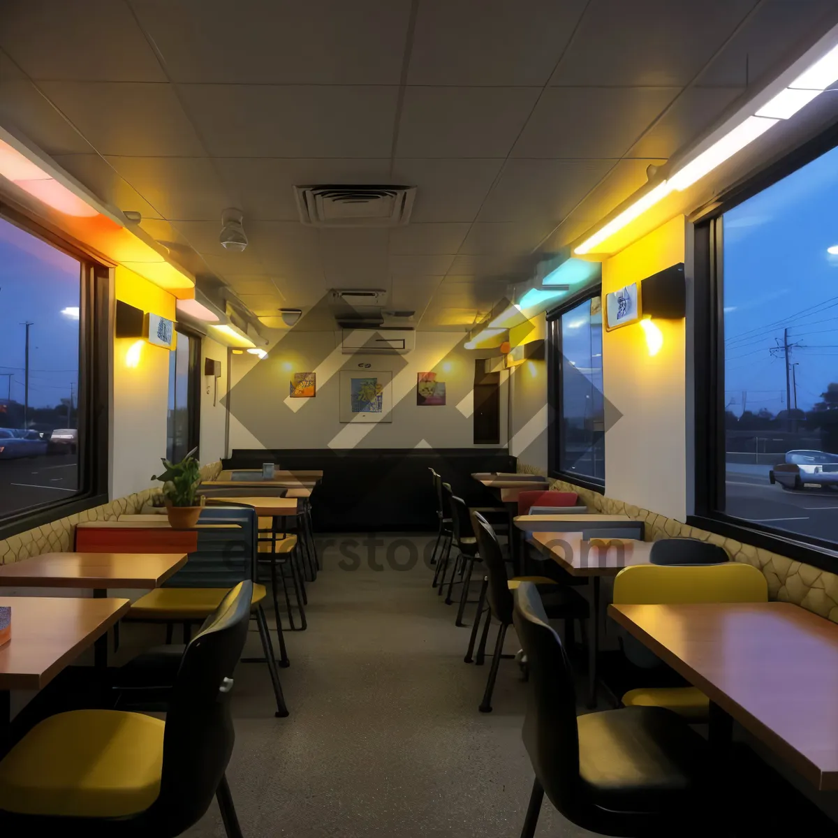 Picture of Modern restaurant interior with stylish furniture and lighting