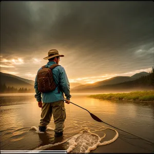Sunset Fishing: Man with Fishing Gear by Water