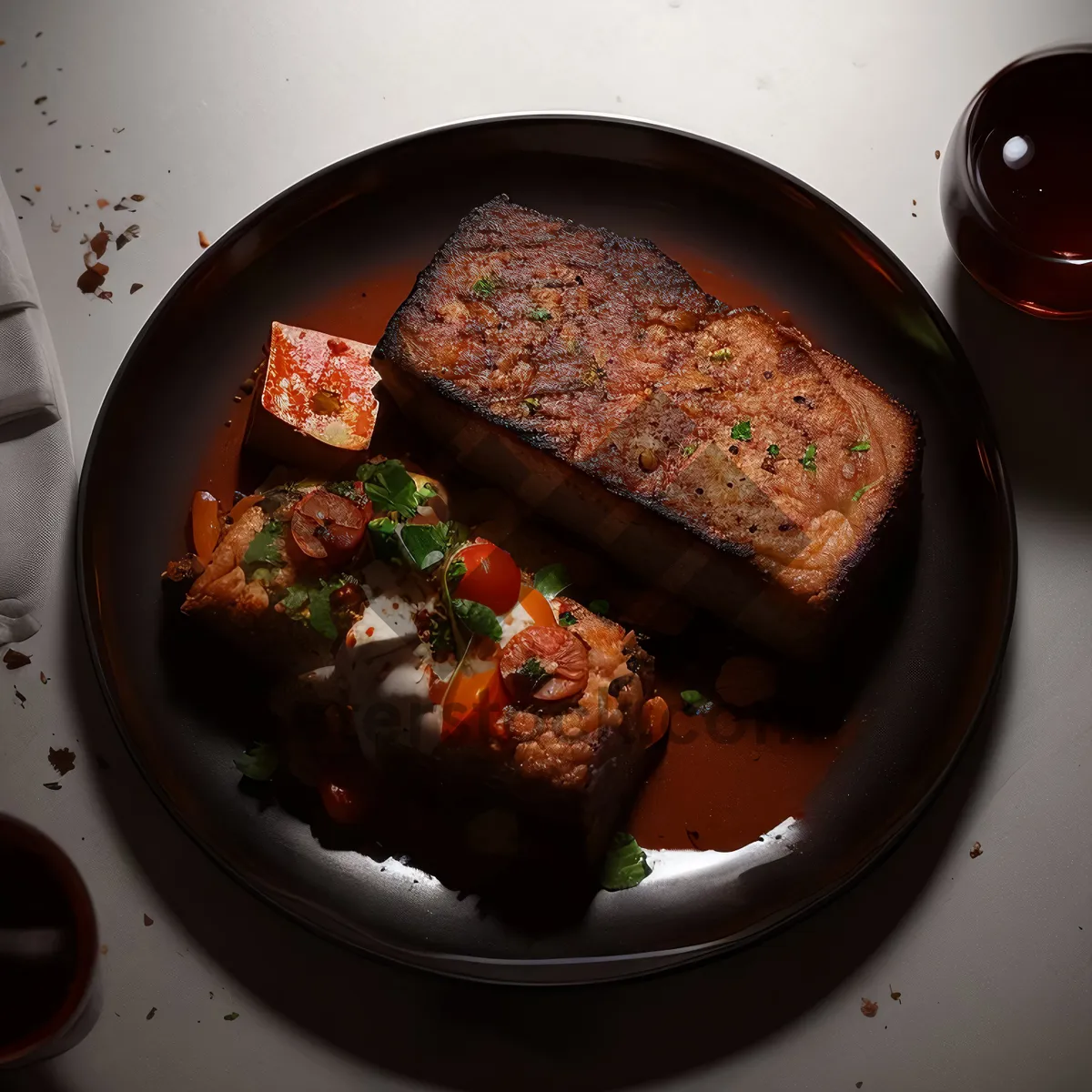 Picture of Grilled Beef Steak with Roasted Vegetables and Tomato Sauce