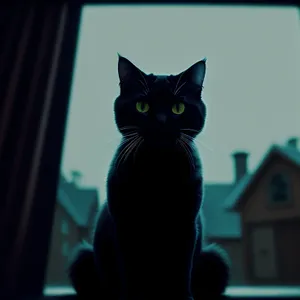 Cute feline kitten relaxing on windowsill