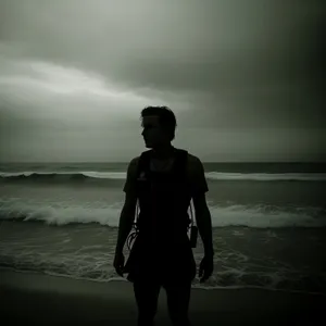 Sunset Beach Man in Wet Suit - Summer Silhouette