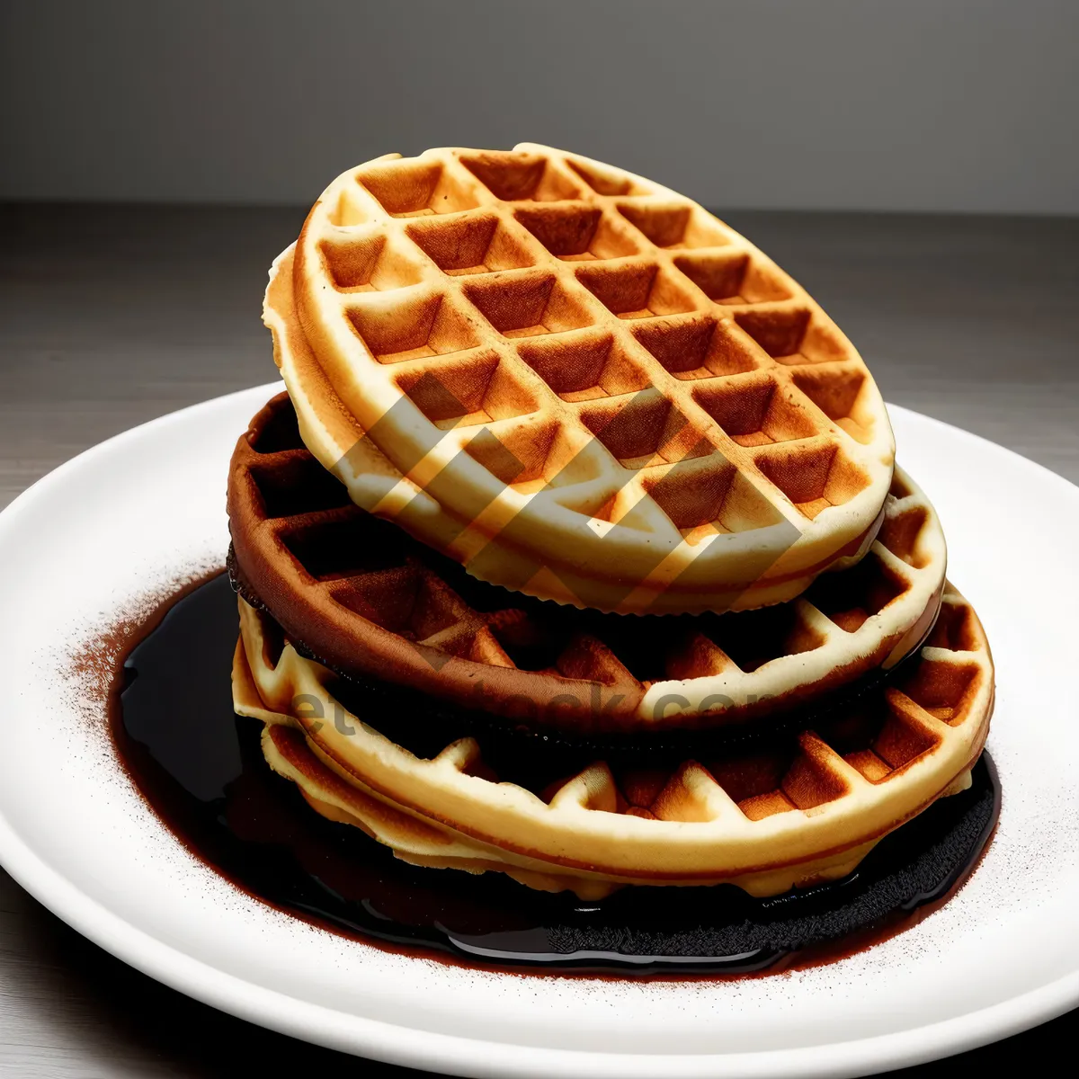 Picture of Delicious chocolate waffle with sweet chocolate sauce topping