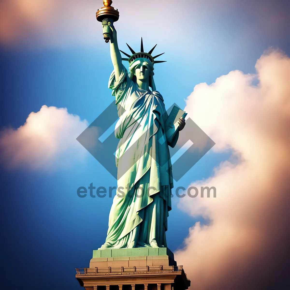 Picture of Monumental Statue of Liberty overlooking historic city skyline.