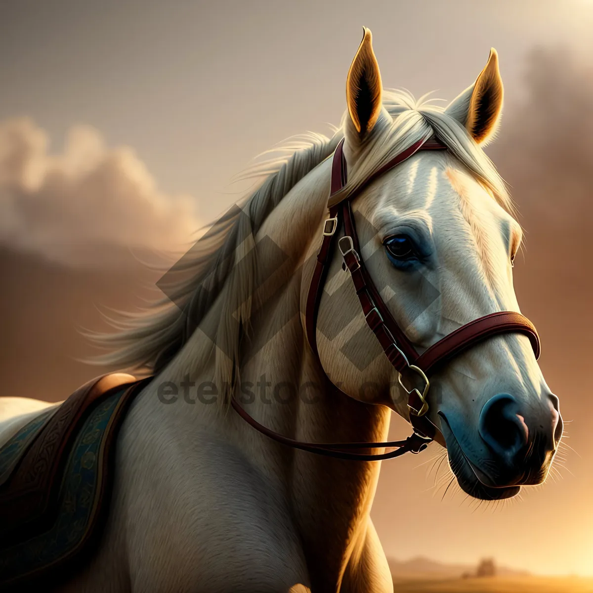 Picture of Thoroughbred Stallion Bristling with Equestrian Gear