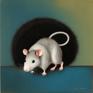 Adorable domestic mouse with furry grey coat and whiskers.