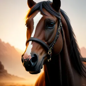 Brown Thoroughbred Stallion with Bridle - Equestrian Portrait