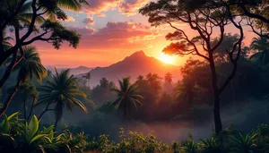 Tropical sunset beach paradise with palm trees silhouette
