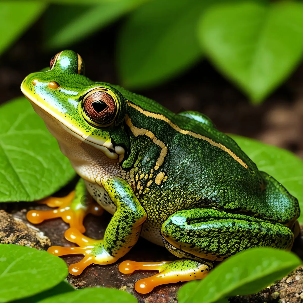 Picture of Vibrant-eyed Orange Tree Frog Camouflaged on Leaf