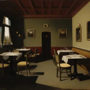 Modern interior design of a restaurant with wooden furniture