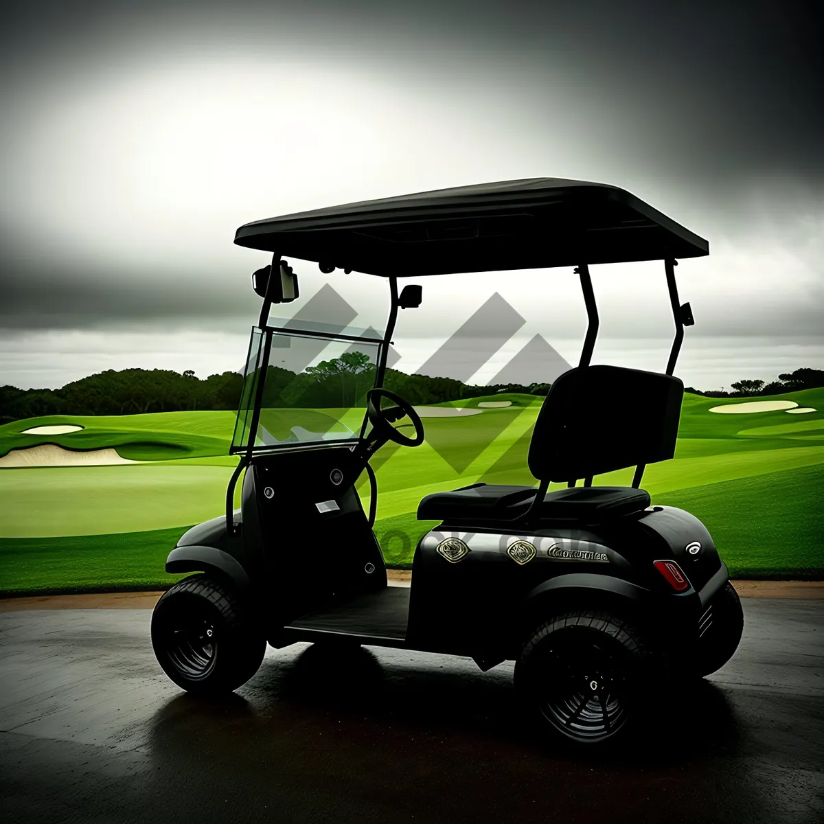 Picture of Golfer driving golf cart through lush green course