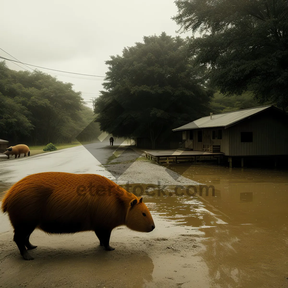 Picture of Fierce Wild Boar Roaming in Grassland Safari Park