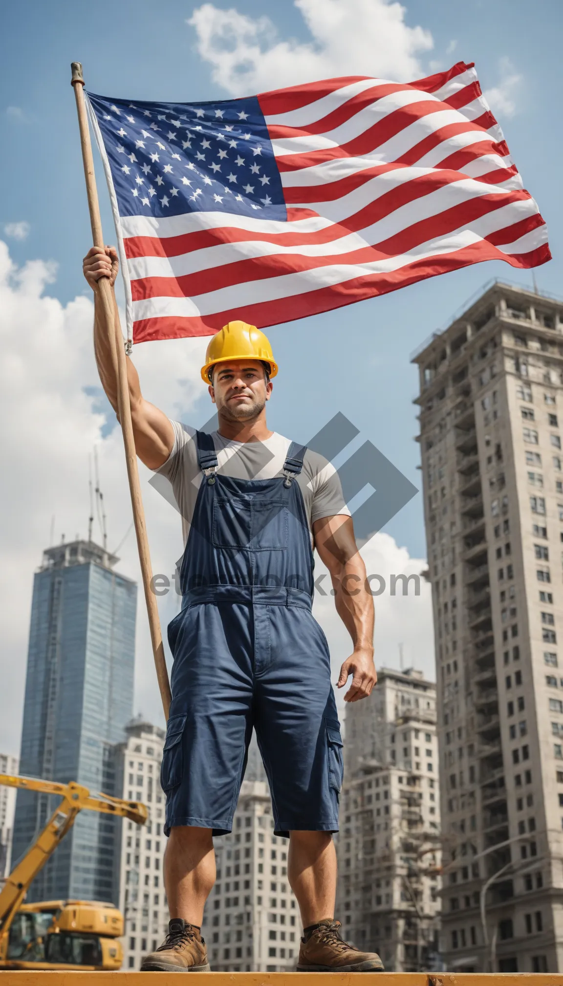 Picture of Patriot tourist posing with flag in front of building.