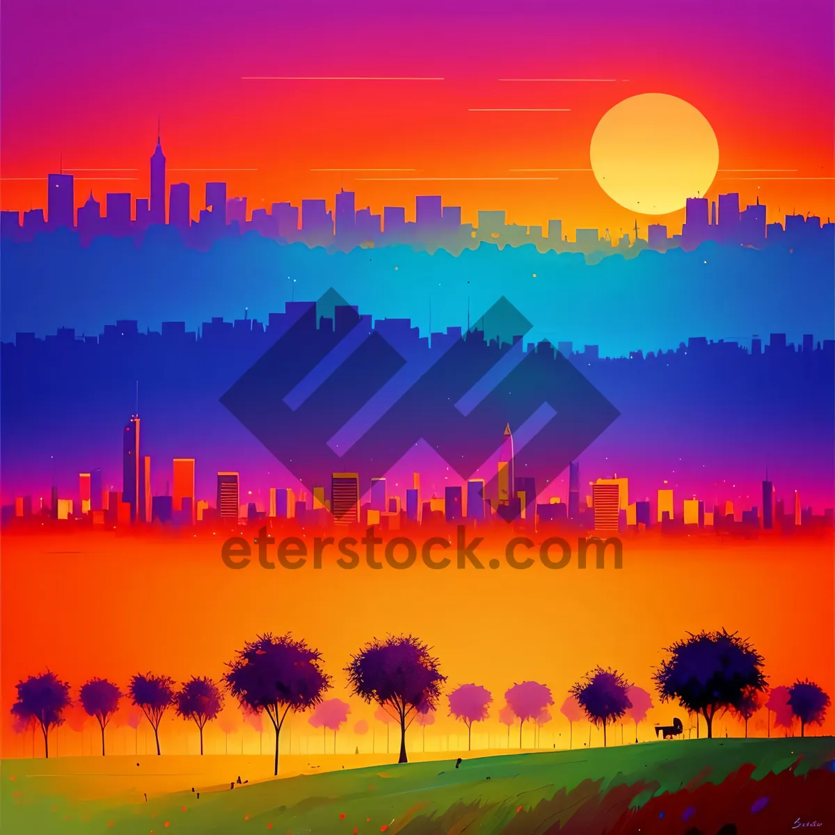 Picture of Vibrant Sunset Skyline Over Serene Summer Landscape
