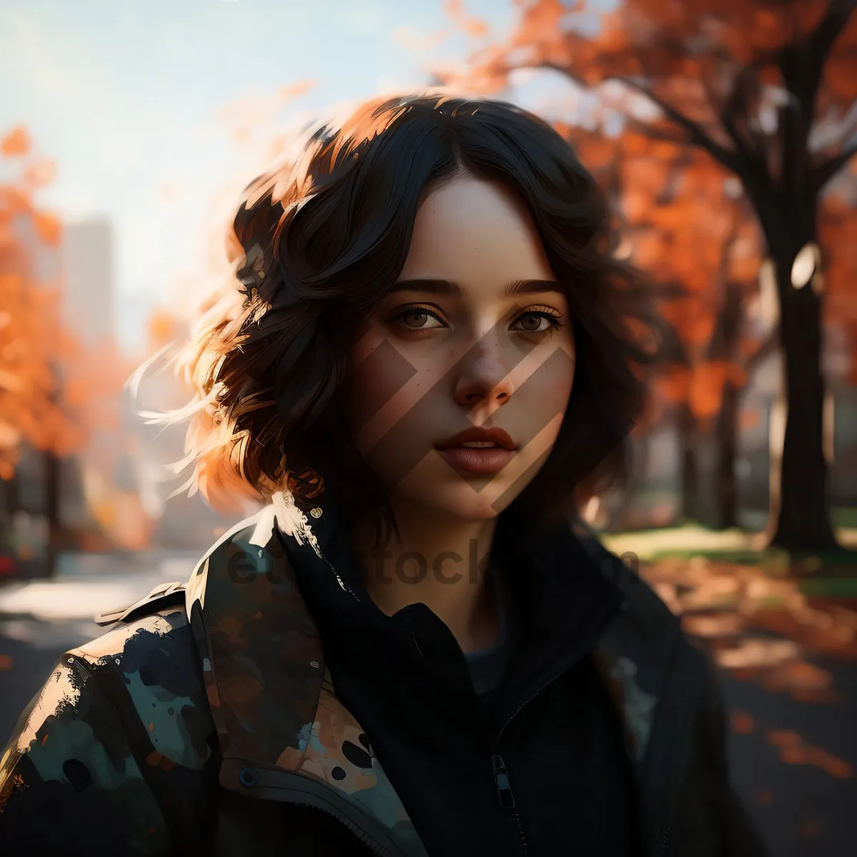 Picture of Attractive brunette model showcasing happy smile outdoors.