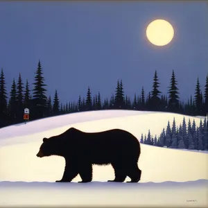 Winter Landscape with Bison and Bear in Forest