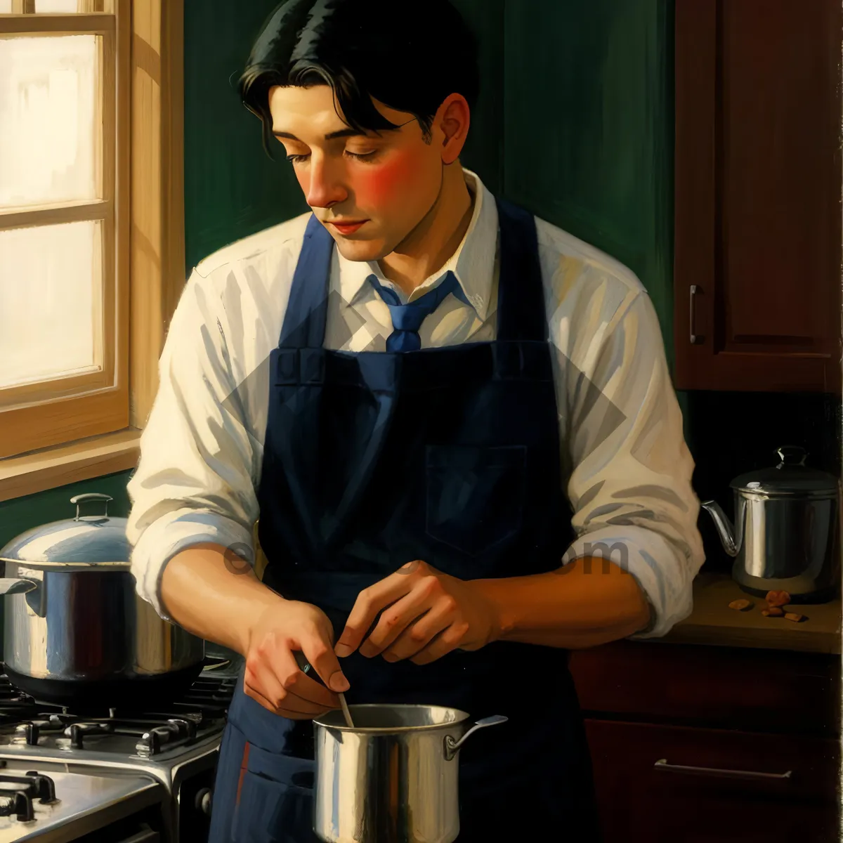 Picture of Smiling male waiter cooking in a kitchen.