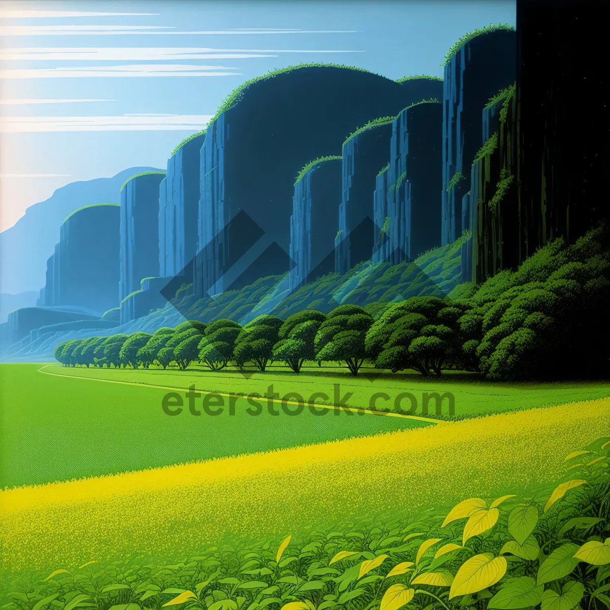Picture of Vibrant Rural Meadow with Sunlit Rapeseed Fields