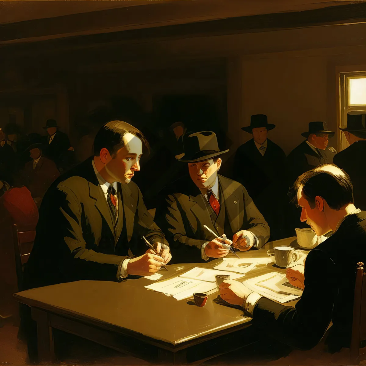 Picture of Happy business team meeting around conference table smiling