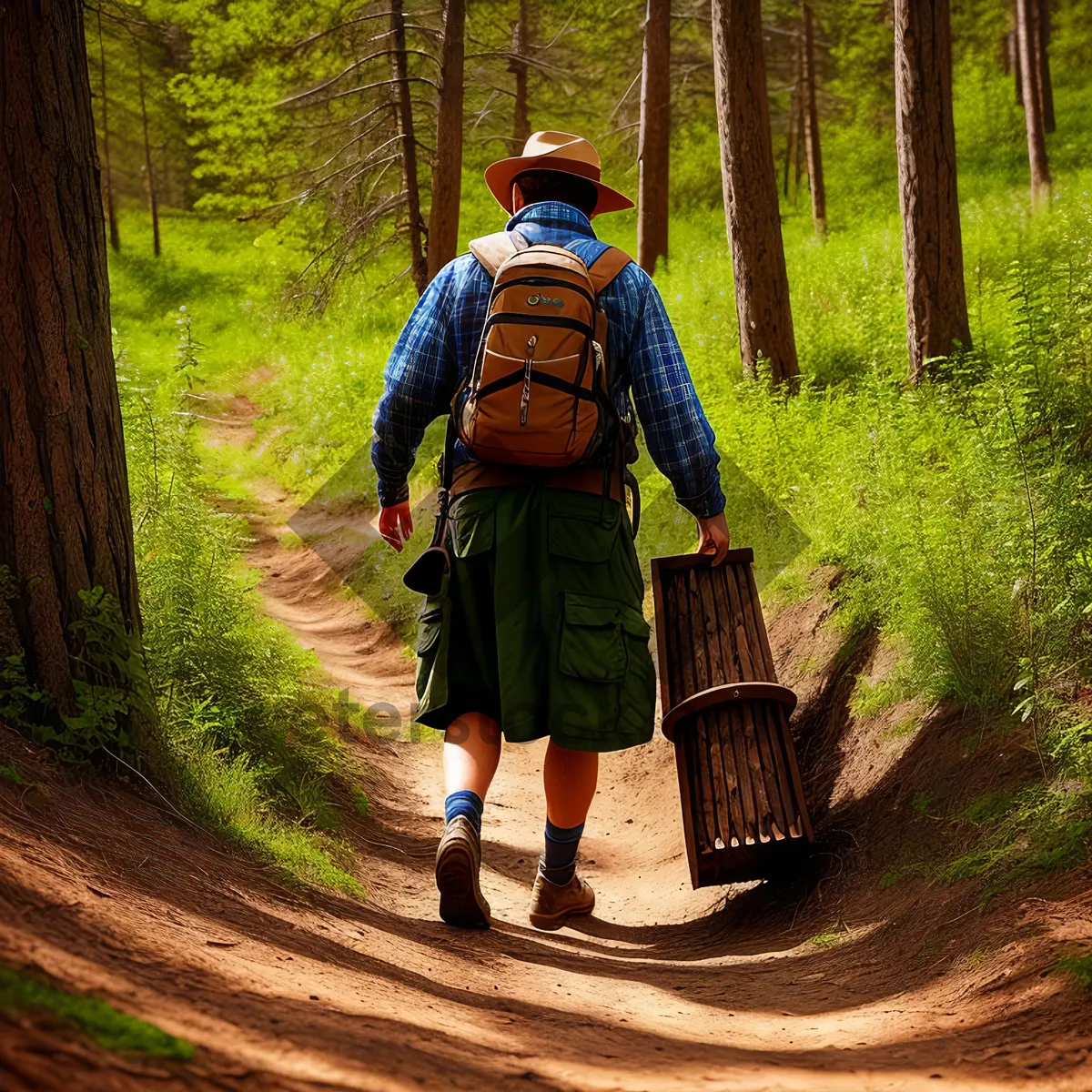 Picture of Man hiking through lush, green forest