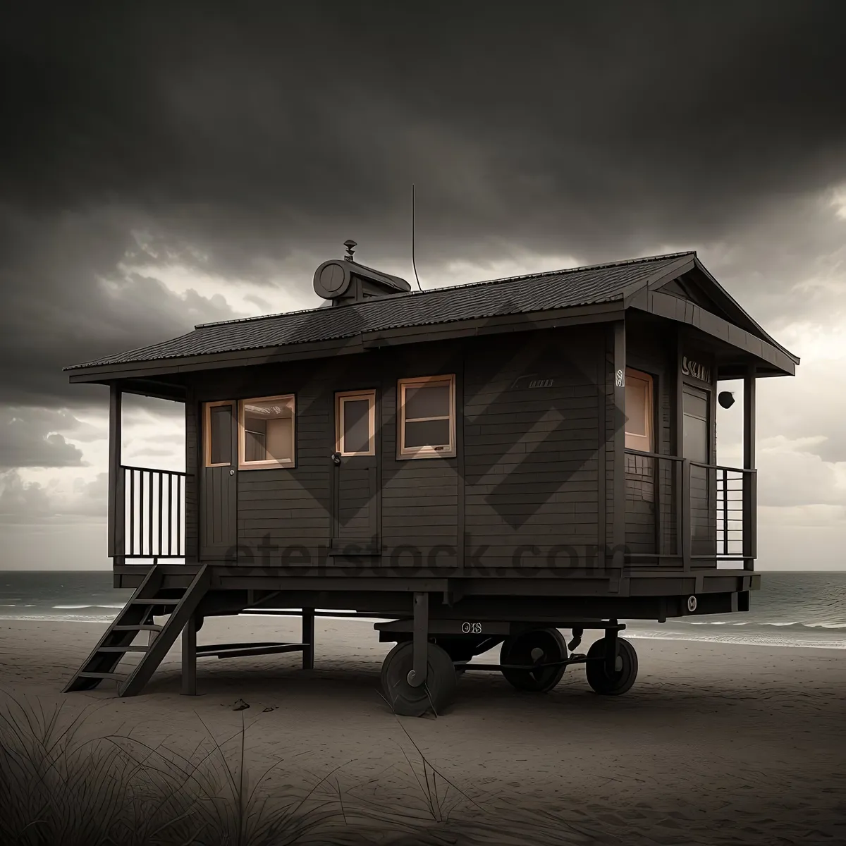 Picture of Mobile Home on Wheels with a Wooden Roof