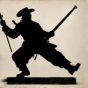 Black silhouette of man dancing with sword and javelin.