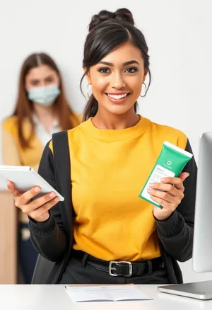 Attractive woman holding notebook, smiling happily