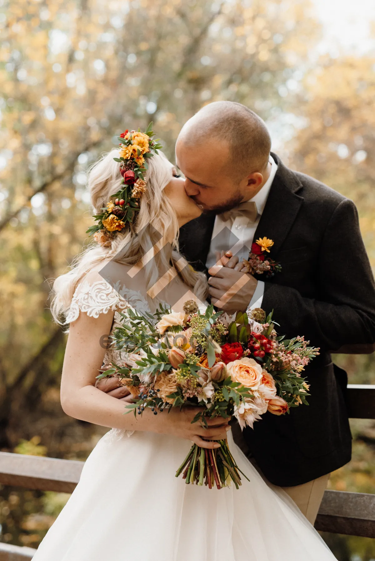 Picture of Happy groom and bride celebrate love outdoors