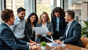 Happy business people working together in office meeting.