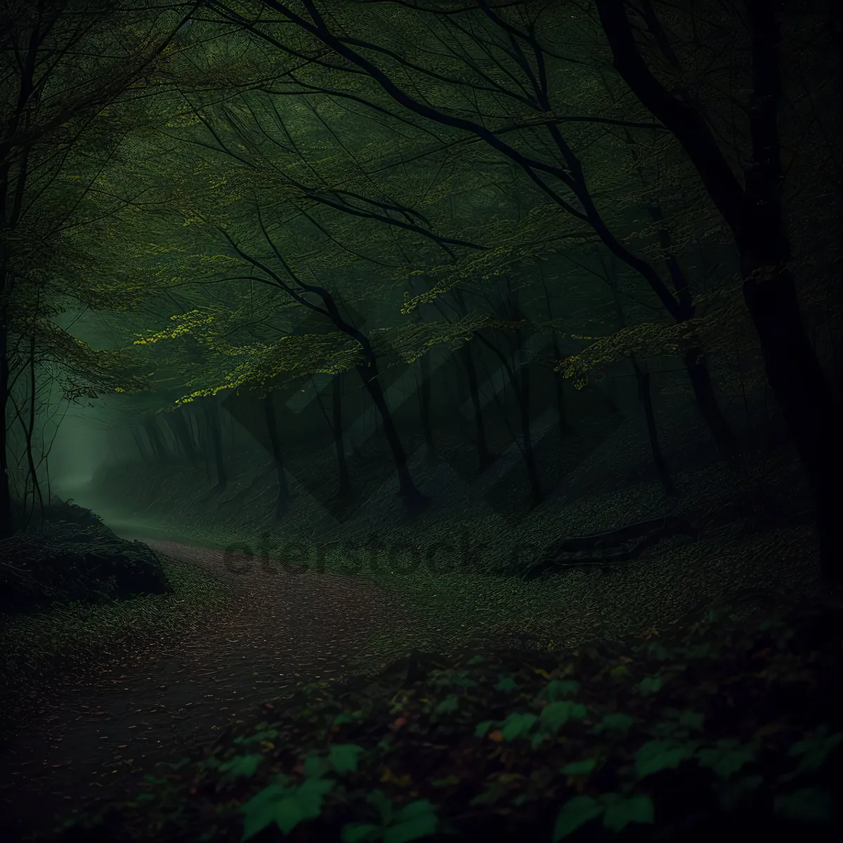 Picture of Mystic Night: Enchanting Forest Cave with Glowing Tree