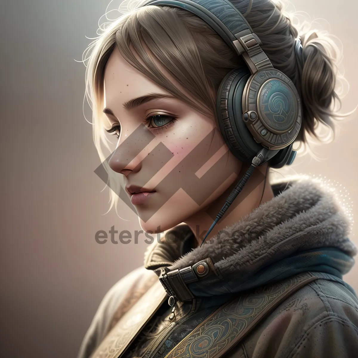 Picture of Smiling brunette lady with stylish headset in studio