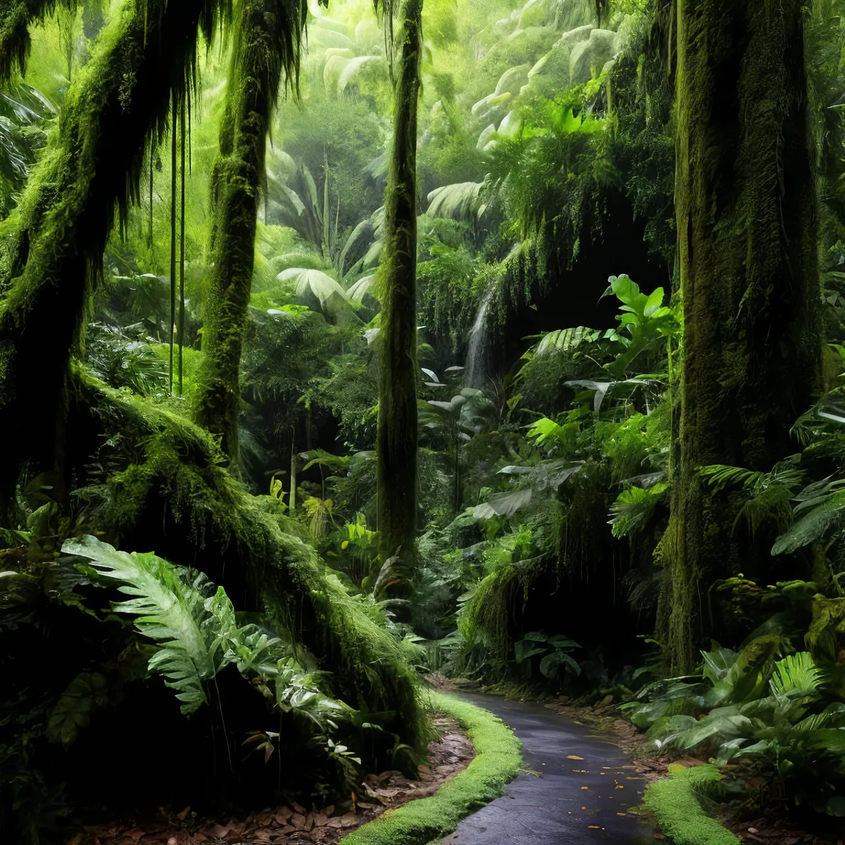 Picture of Enchanting Woodland - Lush Green Ferns Amidst Towering Trees