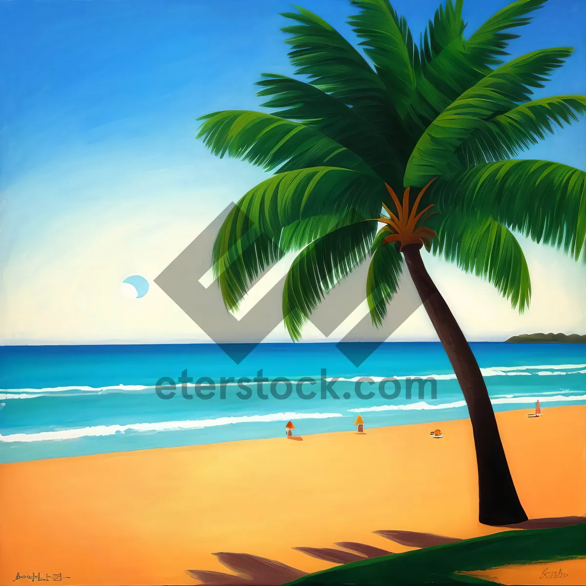 Picture of Tropical paradise: Tranquil beach with palm trees and clear blue waves