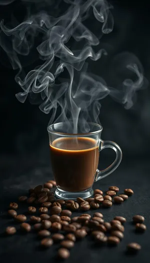 Dark Espresso Coffee on Black Table with Spoon