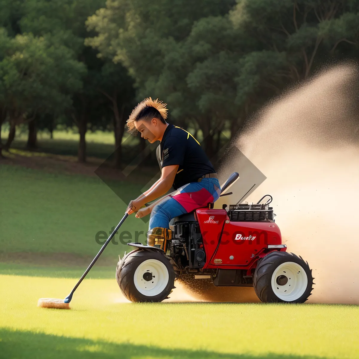 Picture of Golfer mowing grass on golf course