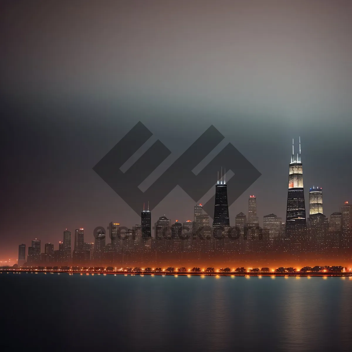 Picture of Nighttime City Skyline Reflection on Water