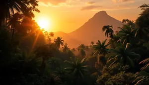 Tropical sunset over palm trees by the ocean.