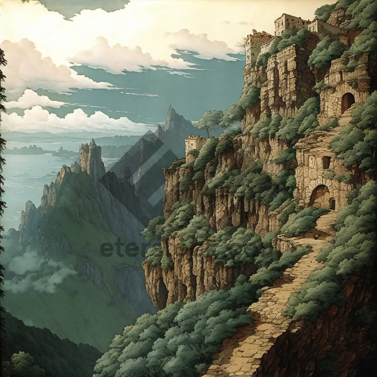 Picture of Majestic Cliffside Landscape: A Ravine Overlooking Mountains, Rocks, and River.